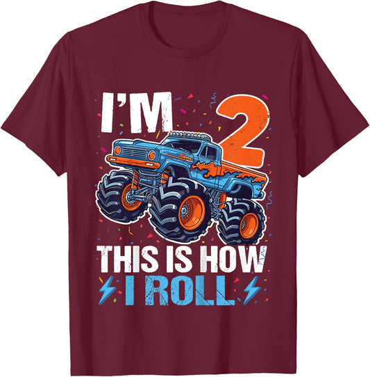 2nd Birthday Monster Truck 2 Year Old Boys 2nd Party T-Shirt - T-Shirt | Maroon