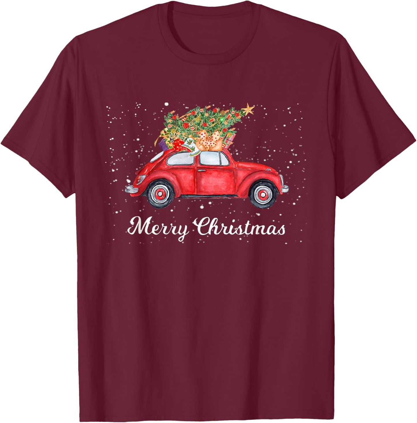 Retro Red Cars Christmas Tree on Car Xmas Vacation T-Shirt - T-Shirt | Maroon