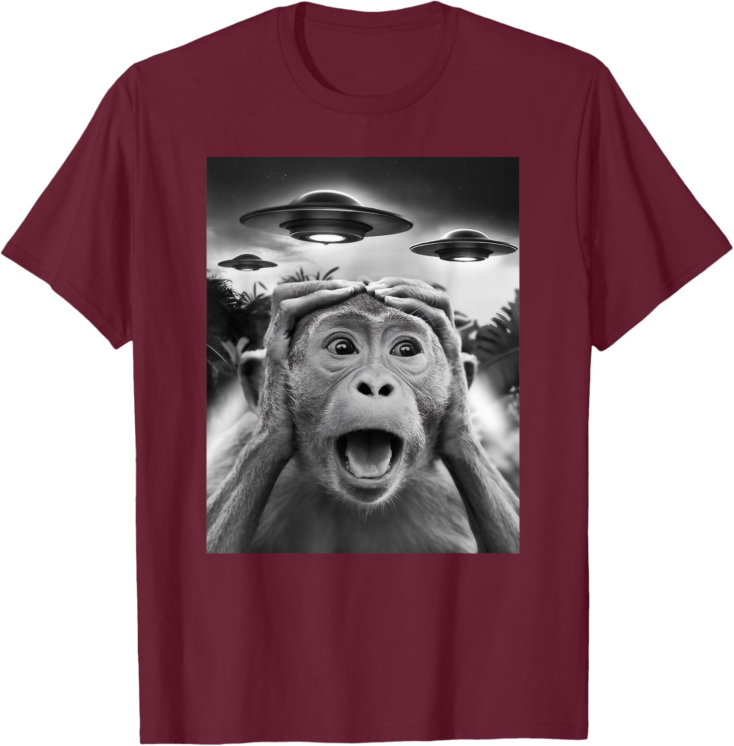 Funny Monkey UFO Weird T-Shirt - T-Shirt | Maroon