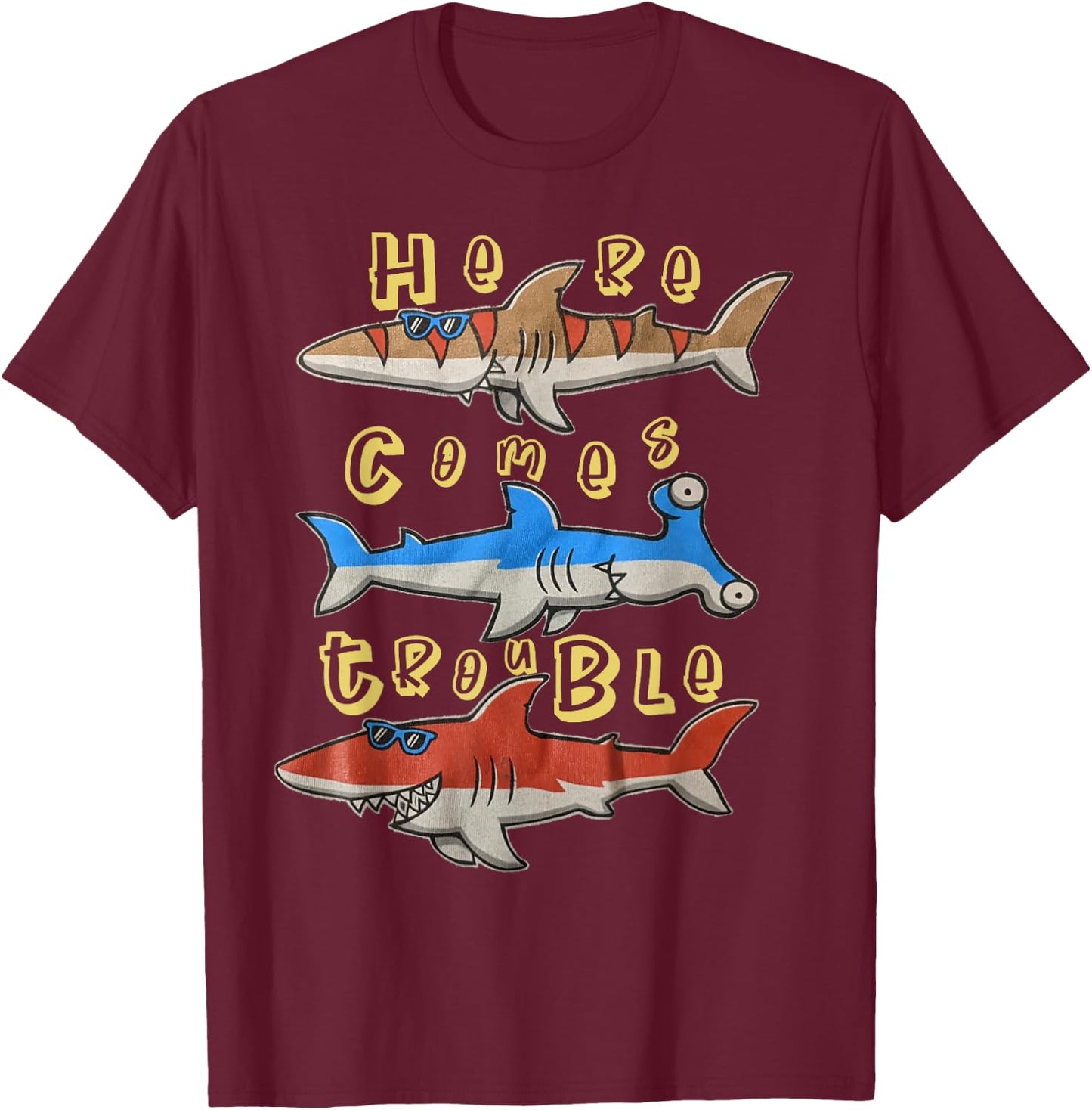 Here Comes Trouble Shark Shirt For Boys T-Shirt - T-Shirt | Maroon