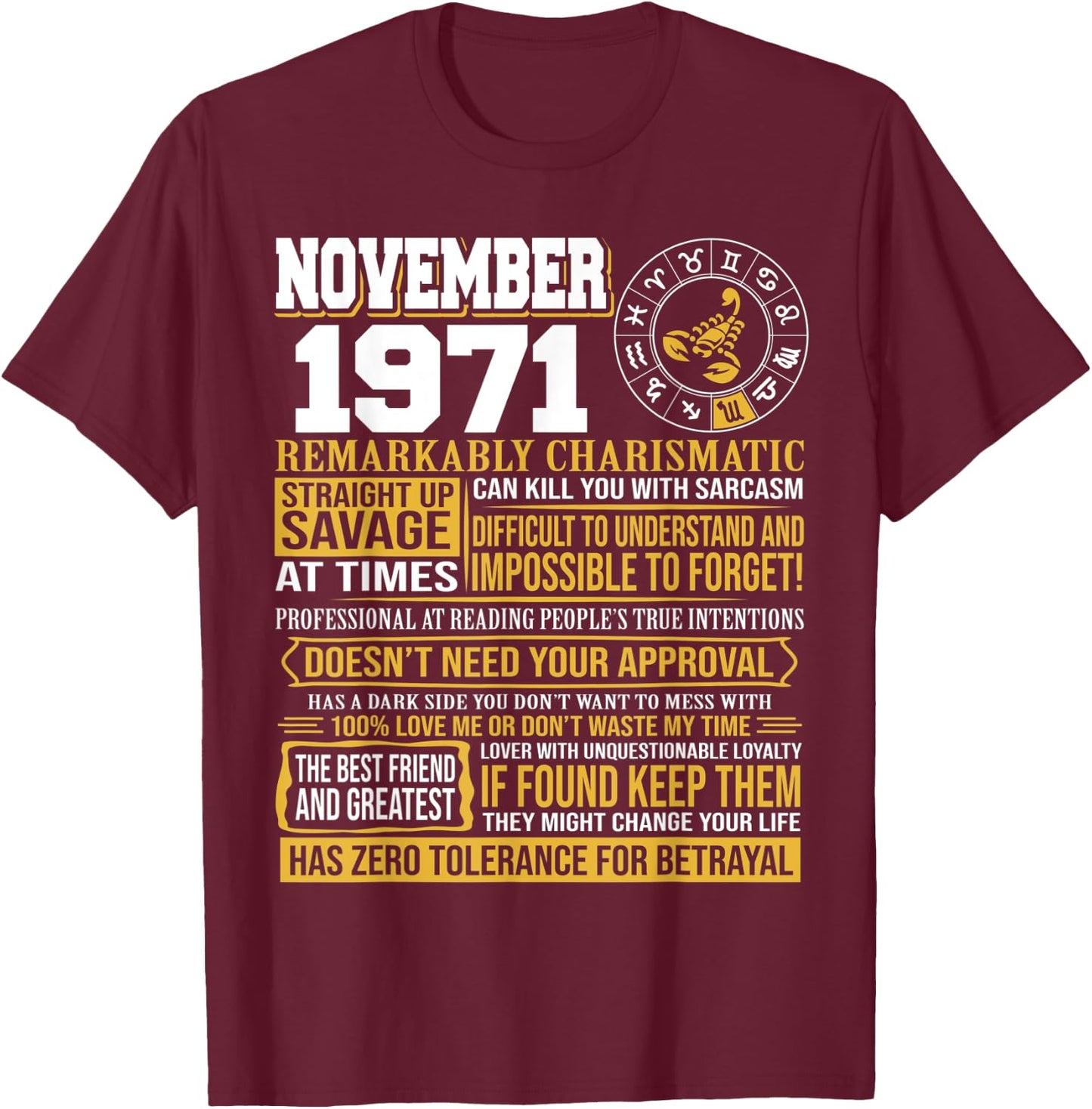 November Birthday Gifts - Born November Scorpio 1971 Funny T-Shirt - T-Shirt | Maroon