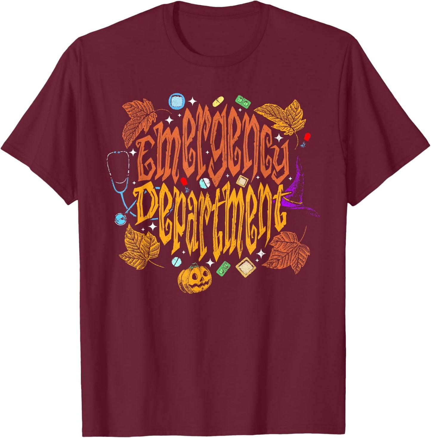 Emergency Department ER Nurse Halloween Fall Autumn Leaves T-Shirt - T-Shirt | Maroon