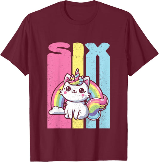 Kids Six 6th Birthday Caticorn Cat Unicorn Rainbow Grunge T-Shirt - T-Shirt | Maroon