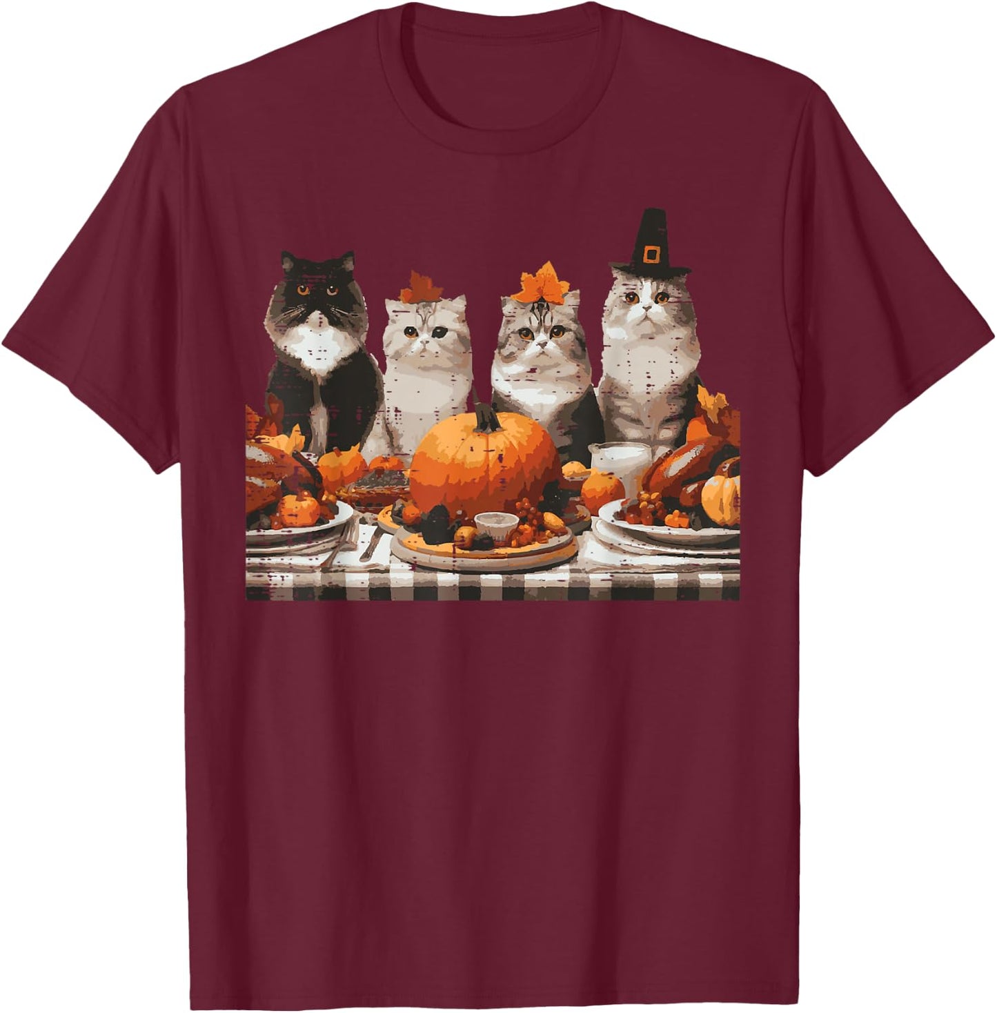 Thanksgiving Cats Dinner Feast Vintage Fall Men Women Kids T-Shirt - T-Shirt | Maroon