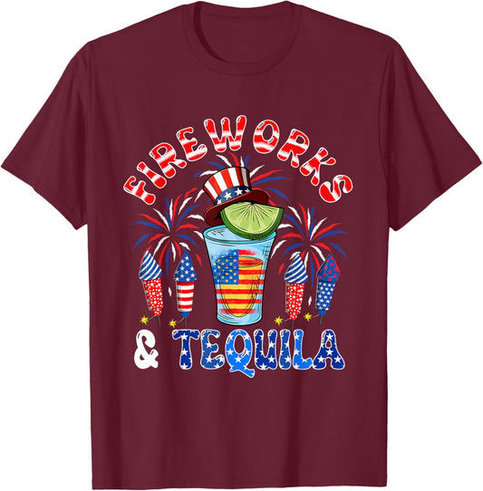 Fireworks And Tequila 4th Of July US Flag Fireworks Dinker T-Shirt - T-Shirt | Maroon