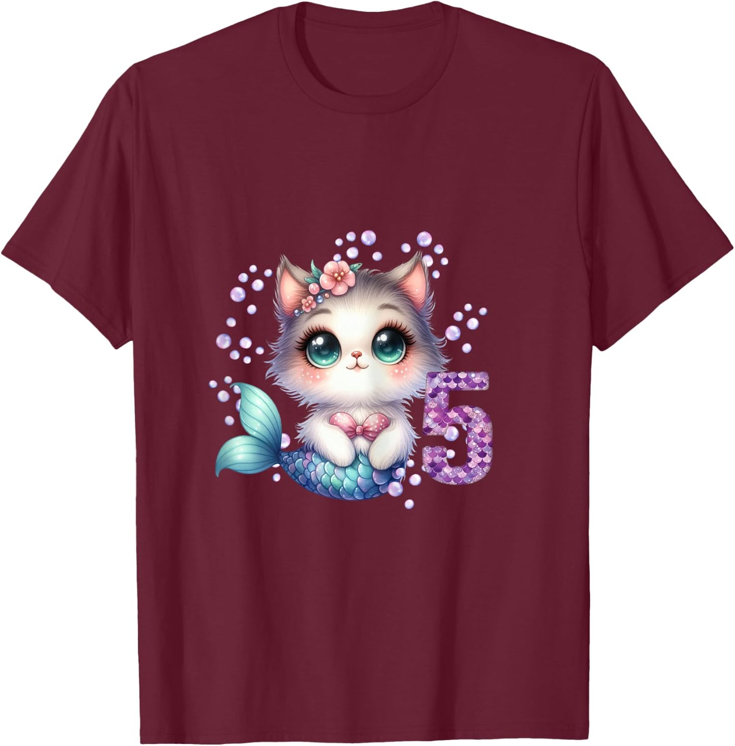 Cat Mermaid 5th Birthday 5 Year Old Party Girls Outfit T-Shirt - T-Shirt | Maroon