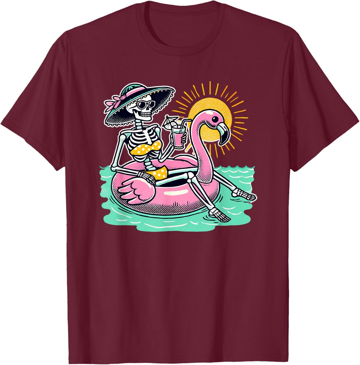 Retro Summer Skeleton Flamingo Float Vacation Beach Drink Men Women T-Shirt - T-Shirt | Maroon