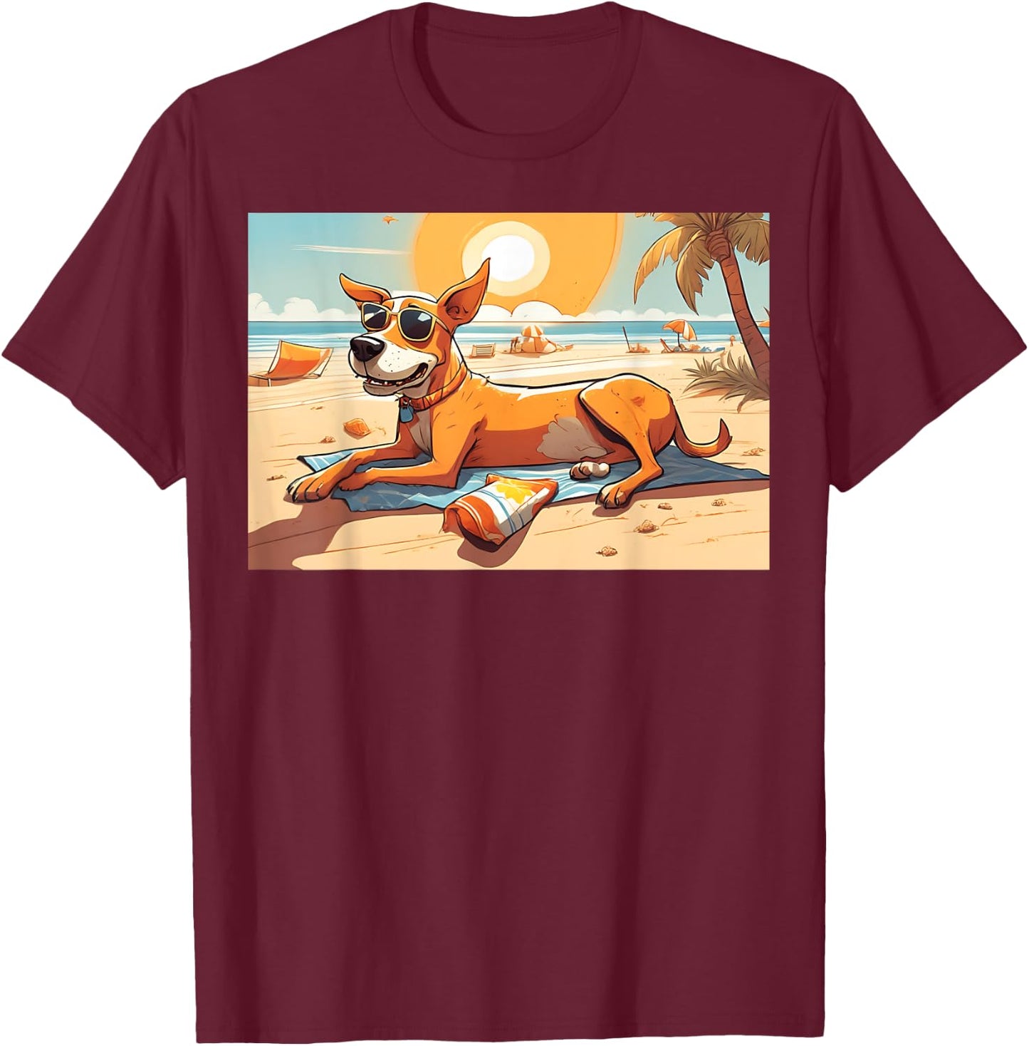 Dog Relaxing On Beach With Sunglasses Towel Snacks Women T-Shirt - T-Shirt | Maroon