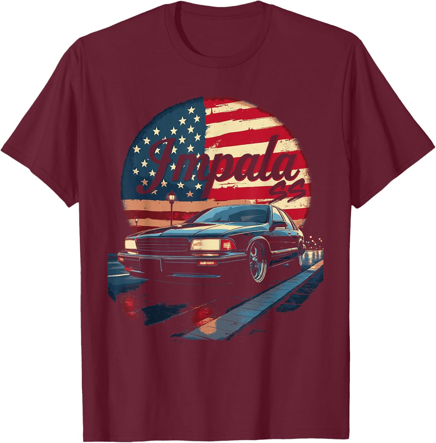 Impala B Body American Flag Impala SS Car 94-96 Coupe T-Shirt - T-Shirt | Maroon