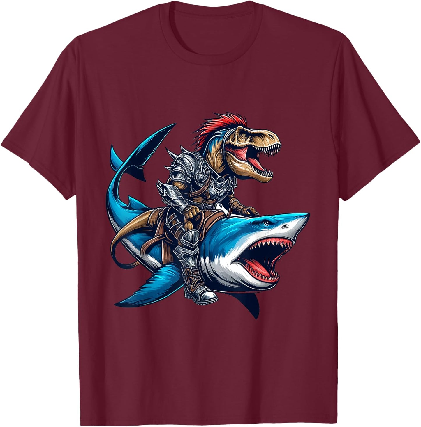 T-Rex Riding Great White Shark into Battle Awesome Kid T-Shirt - T-Shirt | Maroon