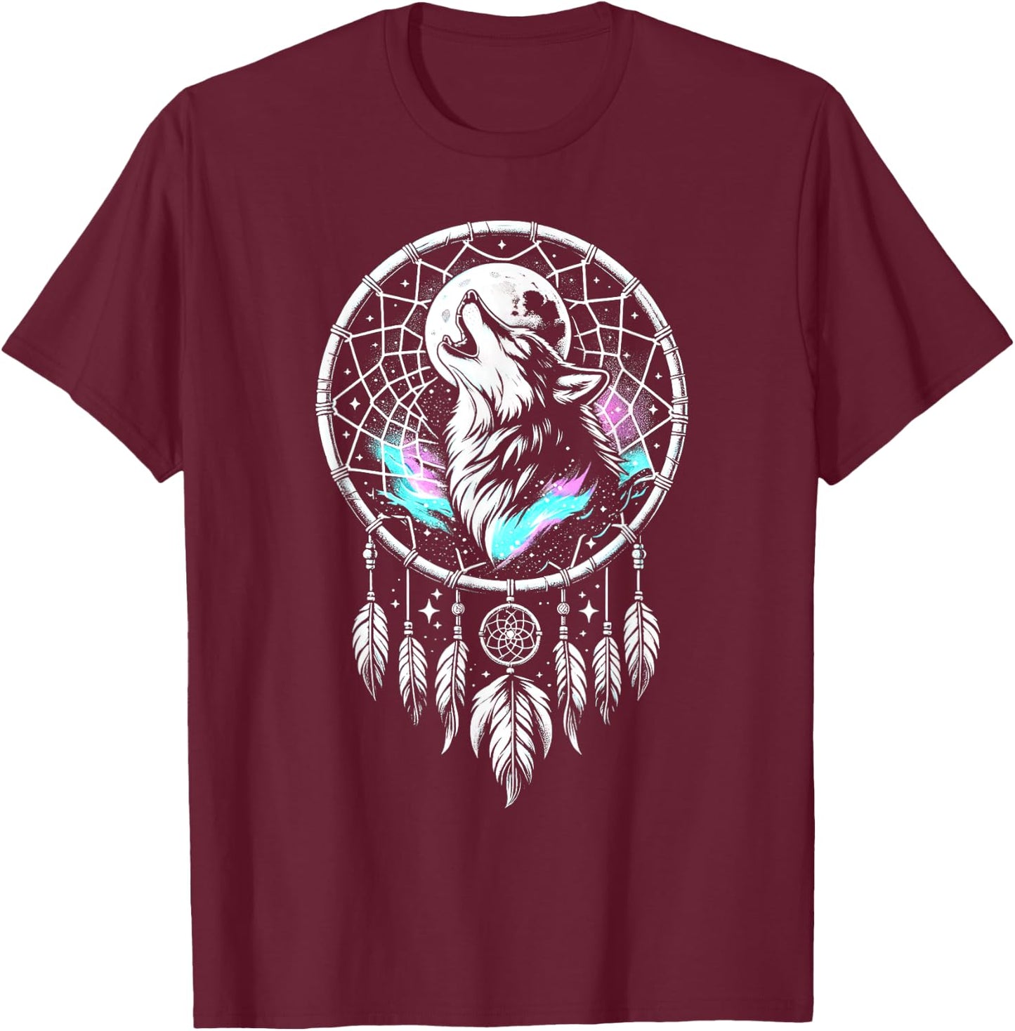 Boho Dream Catcher Wolf Howling At The Moon Dog Wolves Lover Women Kids T-Shirt - T-Shirt | Maroon