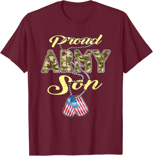 Proud Army Son US Flag Camo Dog Tags Pride Military Child T-Shirt - T-Shirt | Maroon