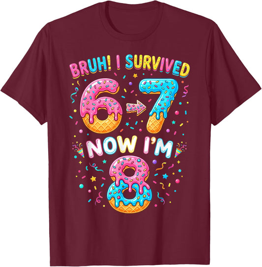 Bruh I Survived 6 to 7 Now Im 8 Birthday Gifts Boy Girl Kid T-Shirt - T-Shirt | Maroon