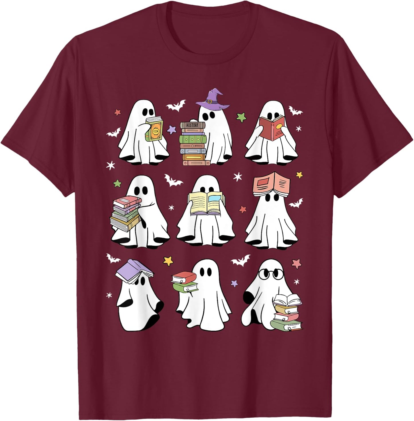 Funny Ghost Book Reading Halloween Books Lover Teacher Kids T-Shirt - T-Shirt | Maroon
