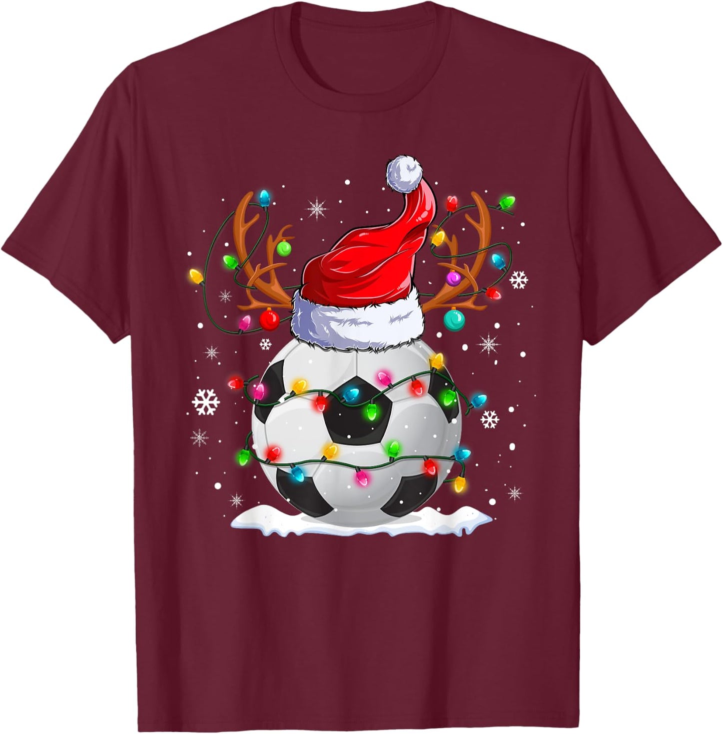 Soccer Santa Hat Reindeer Christmas Lights Funny Xmas T-Shirt - T-Shirt | Maroon