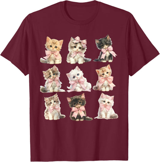 Vintage Coquette Bow Kitten Cute Cat Lover Cottagecore Aesthetic -Adults & Kids - Black, Small, Short Sleeve T-Shirt - T-Shirt | Maroon