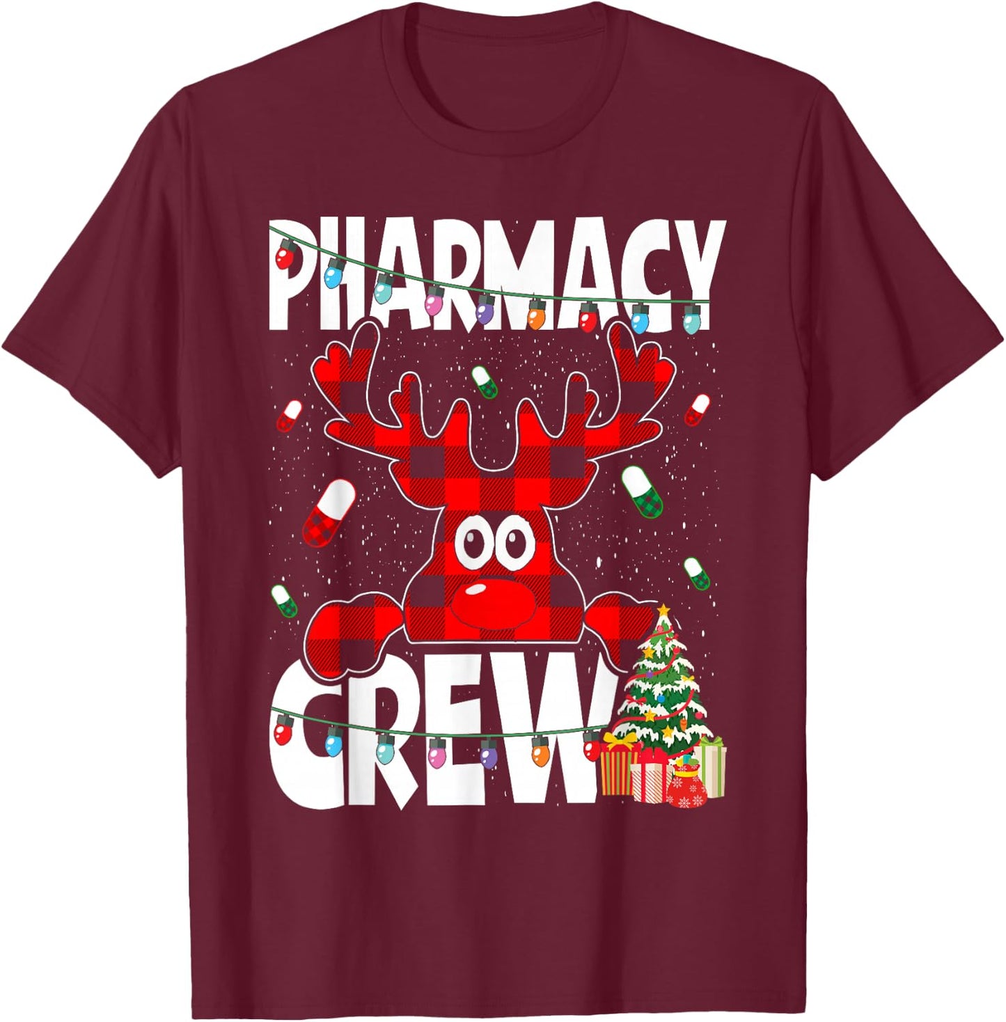 Funny Red Plaid Reindeer Pharmacy Crew Christmas T-Shirt - T-Shirt | Maroon
