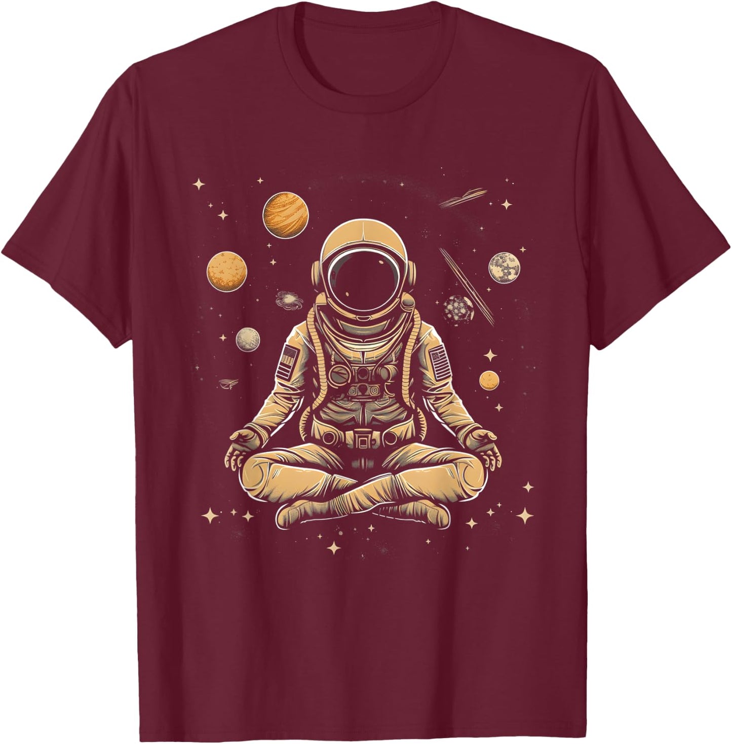 Vintage Lotus Meditating Astronaut Zen Yoga Planets Universe T-Shirt - T-Shirt | Maroon