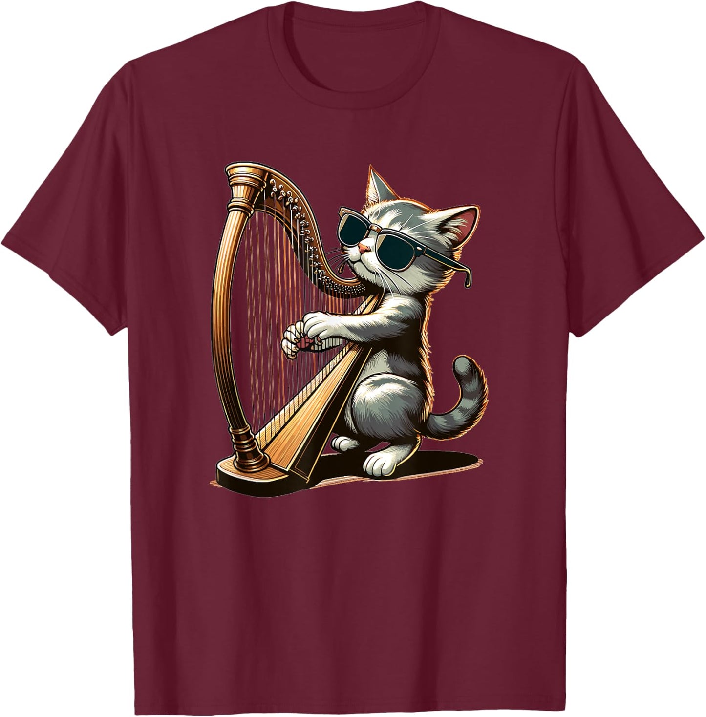 Musician Harpist Cat Wearing Sunglasses Cat Playing Harp Women Kids T-Shirt - T-Shirt | Maroon