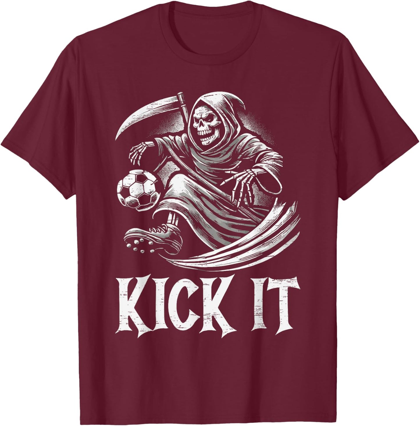 Kick It Grim Reaper Playing Soccer T-Shirt - T-Shirt | Maroon