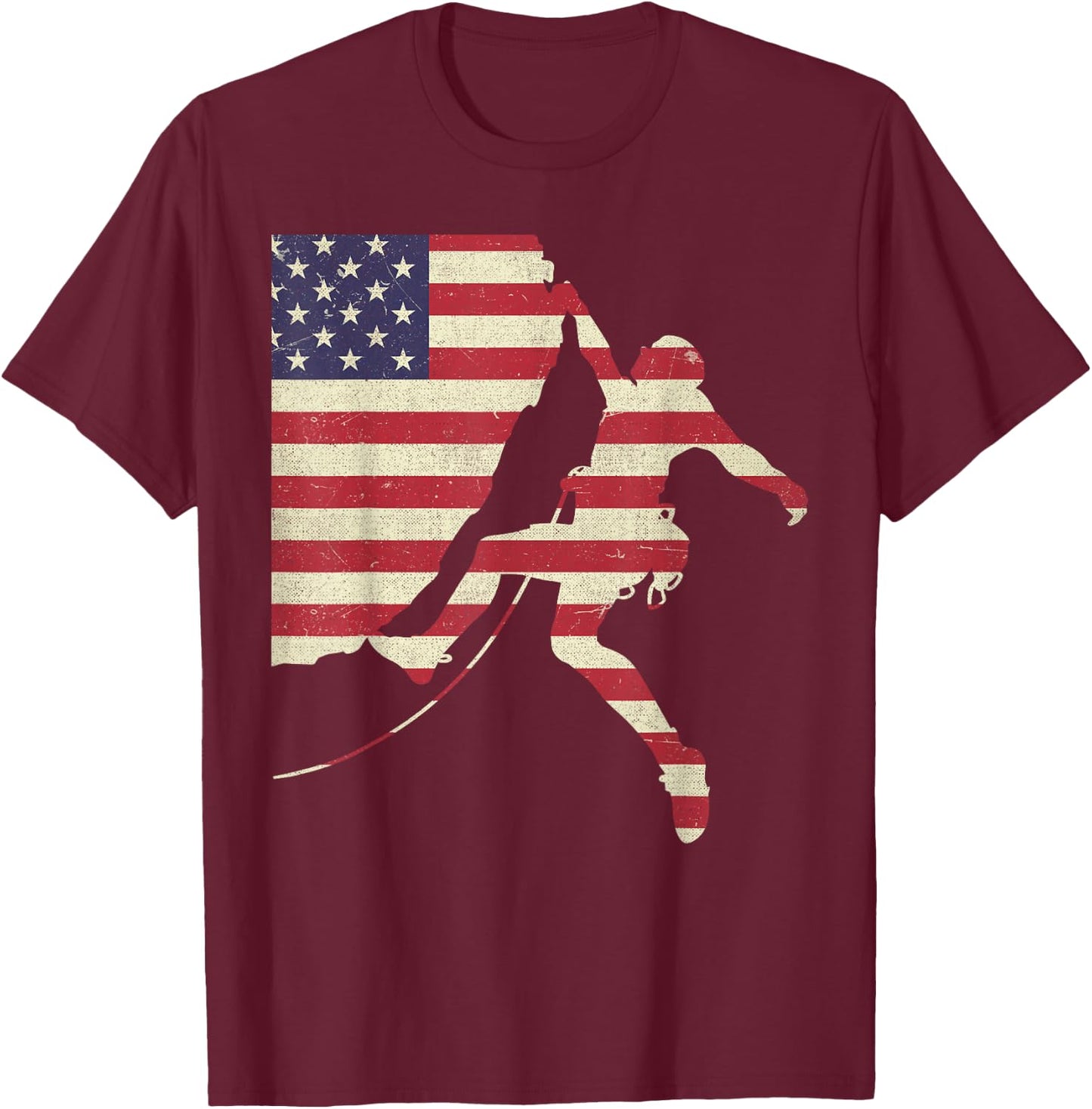 Patriotic 4th of July American USA Flag Rock Climbing T-Shirt - T-Shirt | Maroon