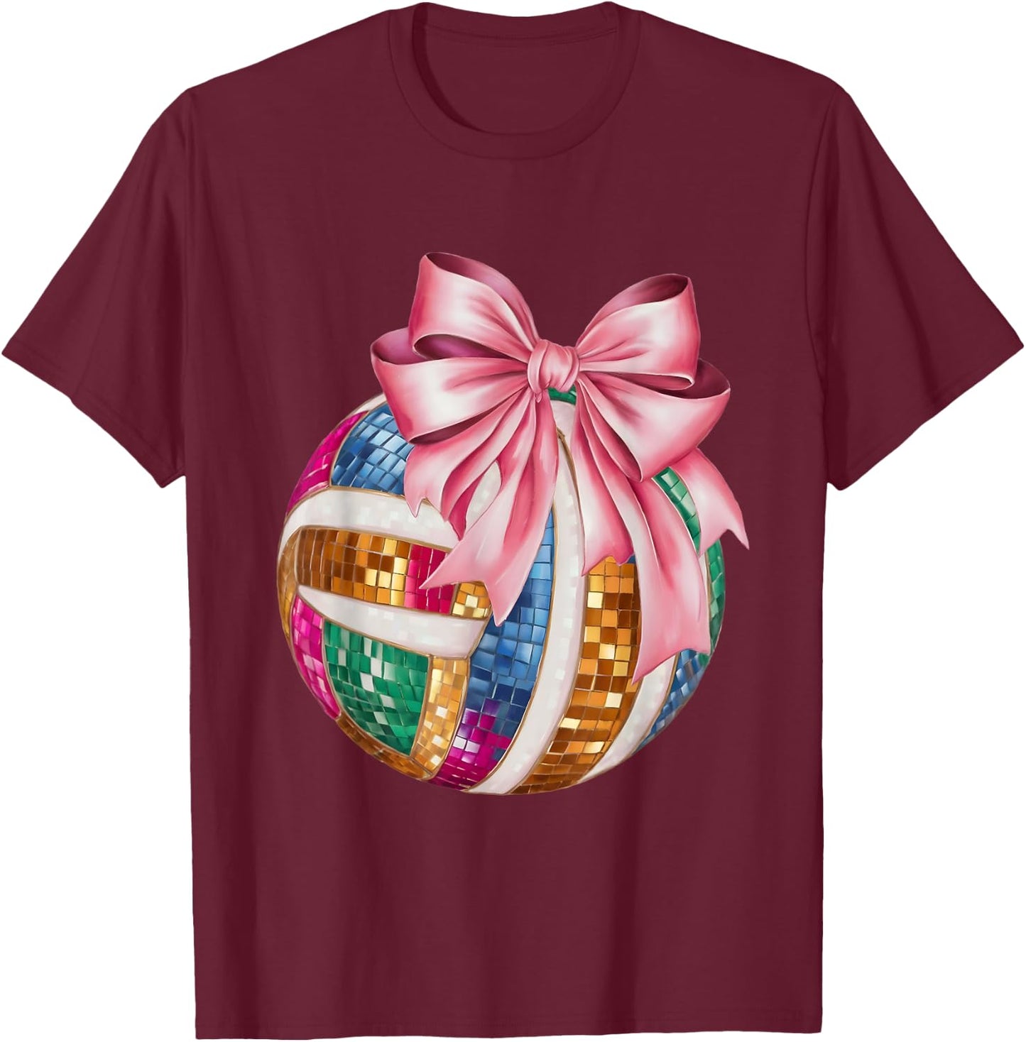 Pink Coquette Bow Disco Volleyball Player Game Day Mom Women T-Shirt - T-Shirt | Maroon