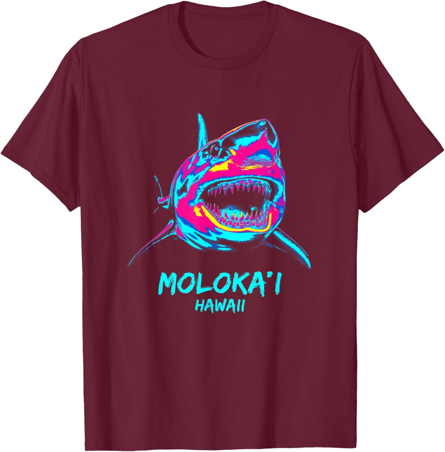 Colourful Shark Graphic Surf Lover Molokai T-Shirt - T-Shirt | Maroon