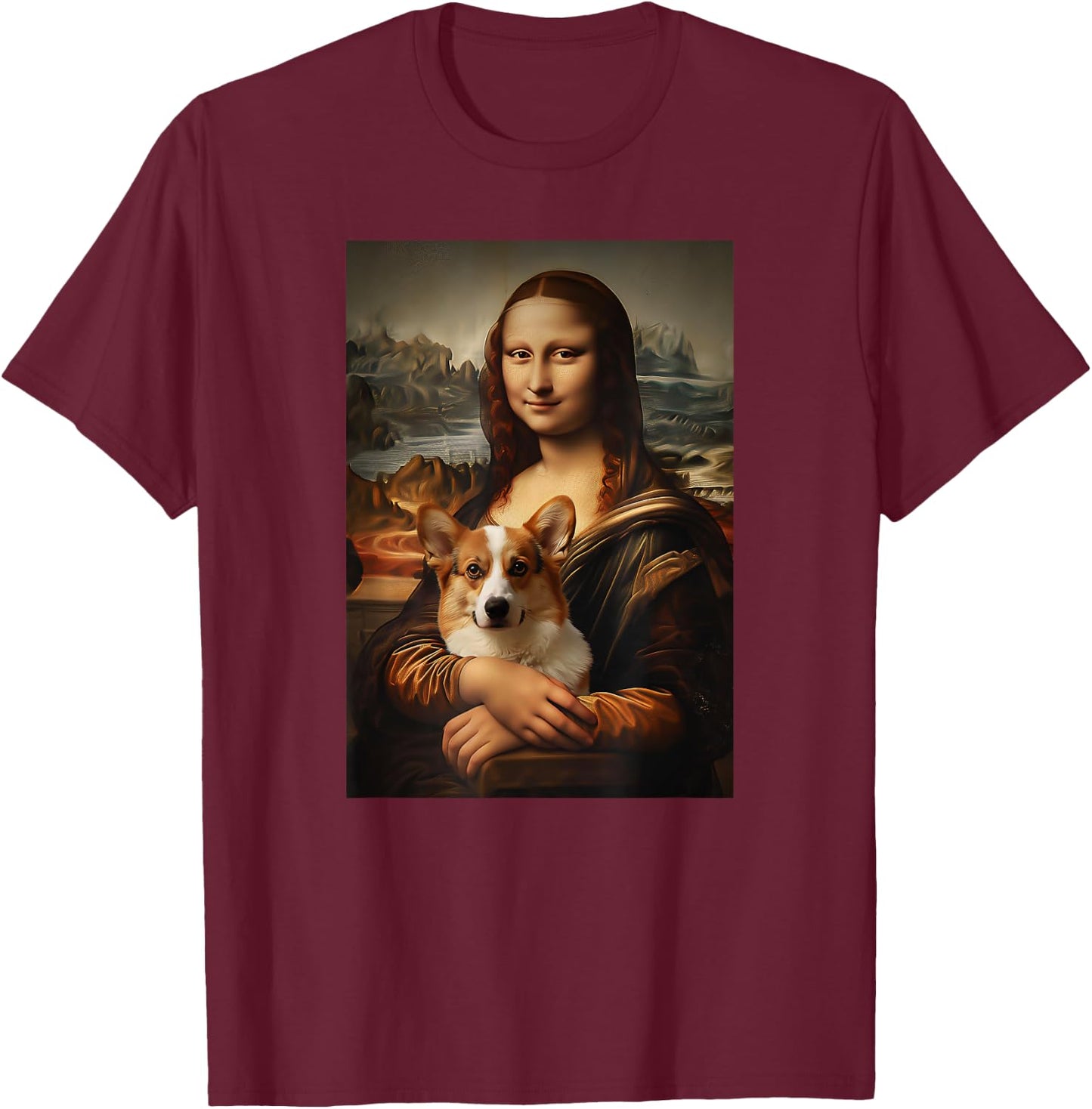 Corgi Mona Lisa Painting Art Dog Mom Dad T-Shirt - T-Shirt | Maroon