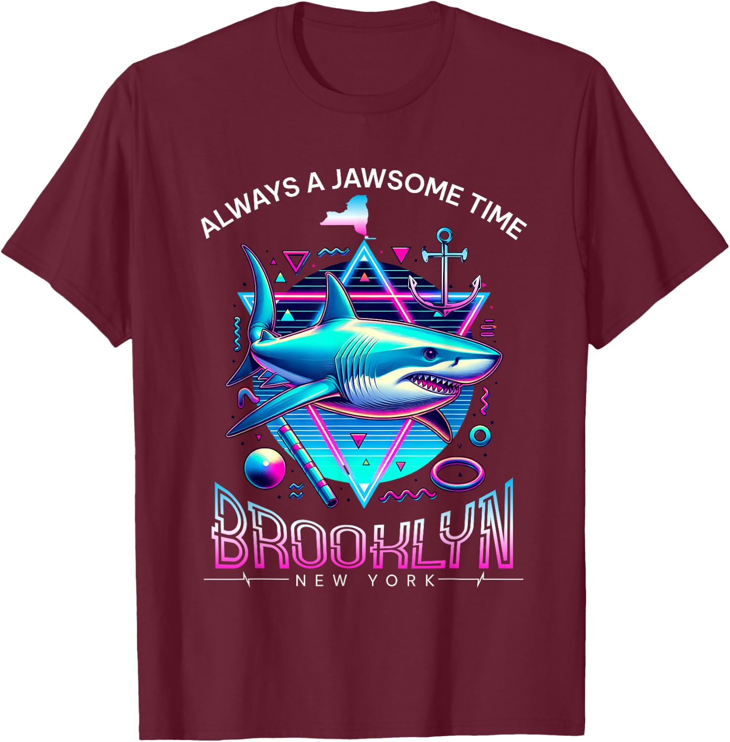 Brooklyn NY Shark Retro 80s Funny Souvenir T-Shirt - T-Shirt | Maroon
