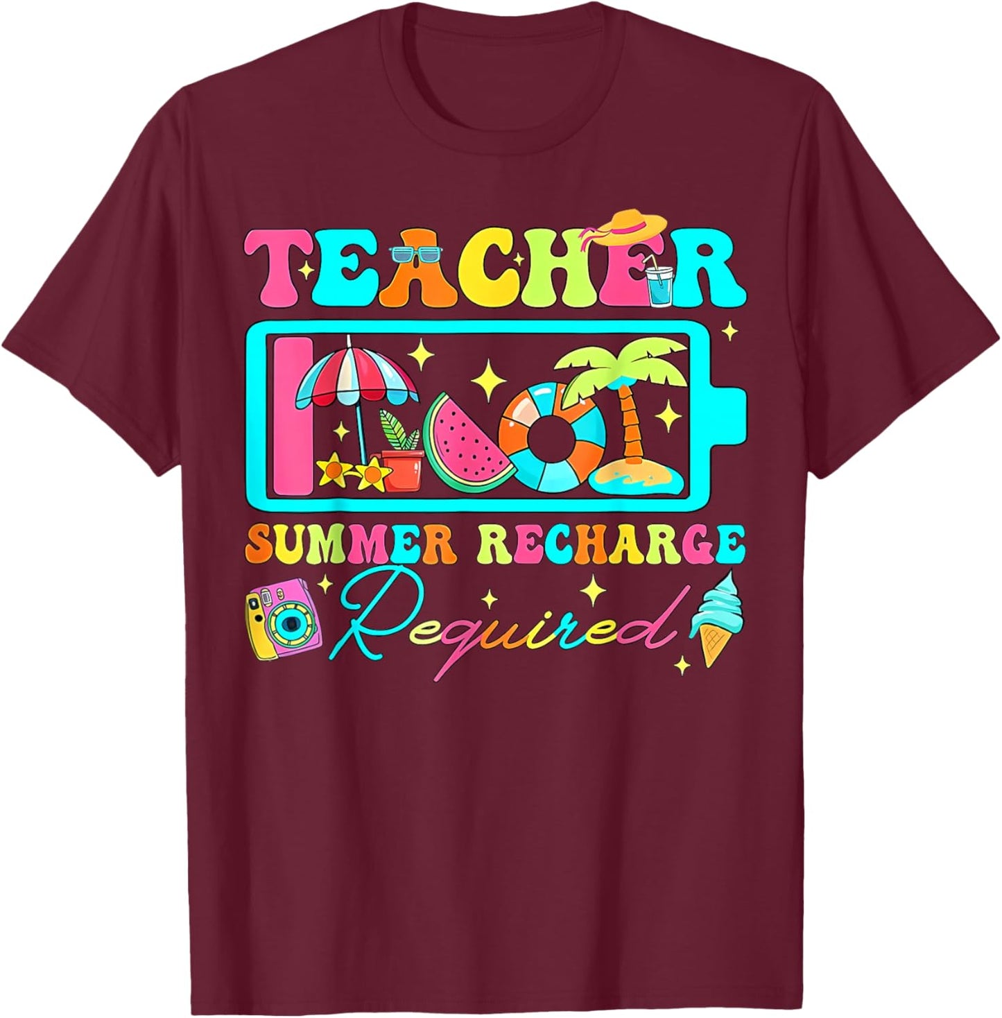 Teacher Summer Recharge Required Tropical Beach Vacation T-Shirt - T-Shirt | Maroon