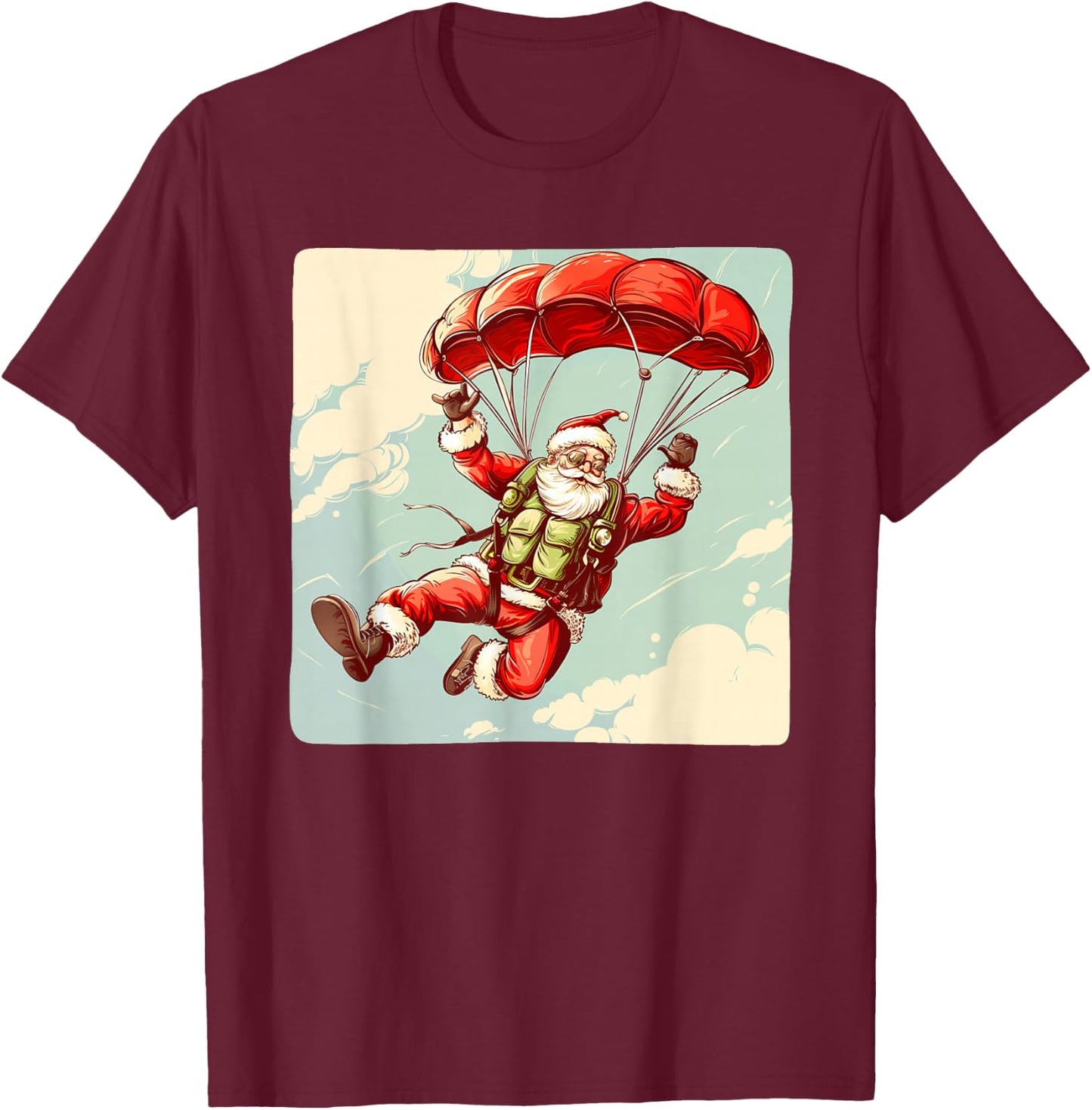 Funny Parachute Santa Costume for Festive Season T-Shirt - T-Shirt | Maroon
