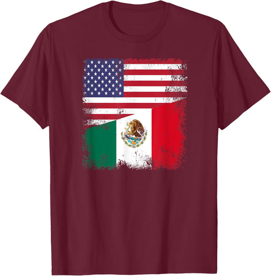 Half Mexican Flag | Vintage Mexico USA Gift T-Shirt - T-Shirt | Maroon