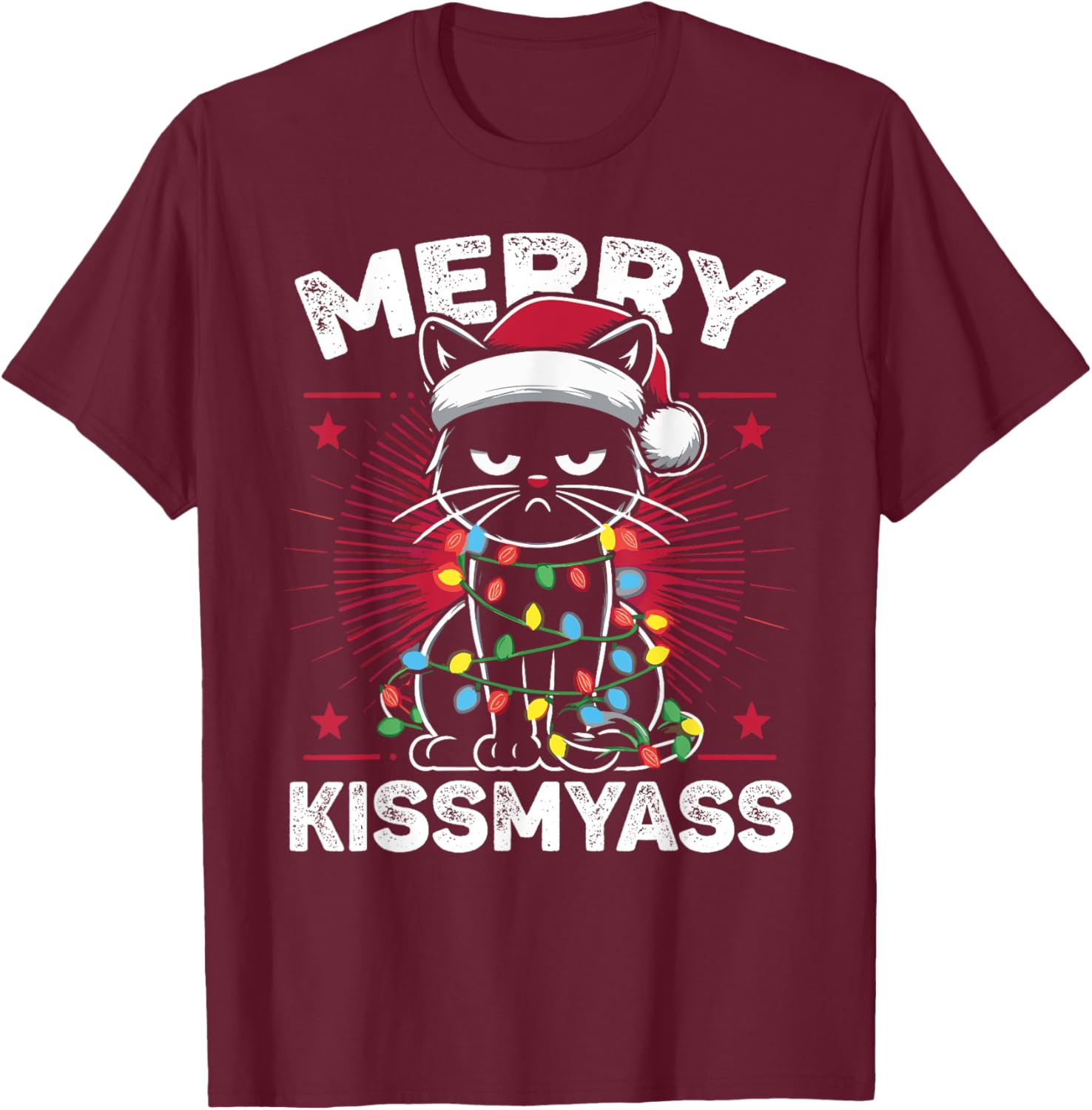 Merry Kissmyass Funny Cat Christmas Lights Christmas Cat T-Shirt - T-Shirt | Maroon