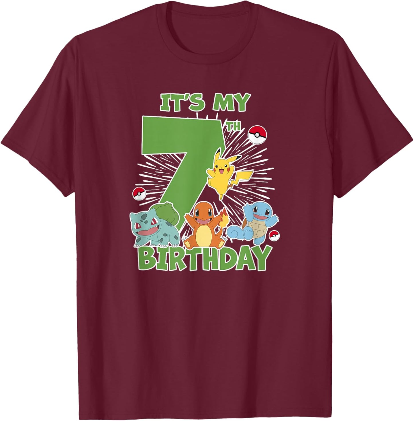 Pokémon It's My 7th Birthday Kanto Starters Celebration T-Shirt - T-Shirt | Maroon