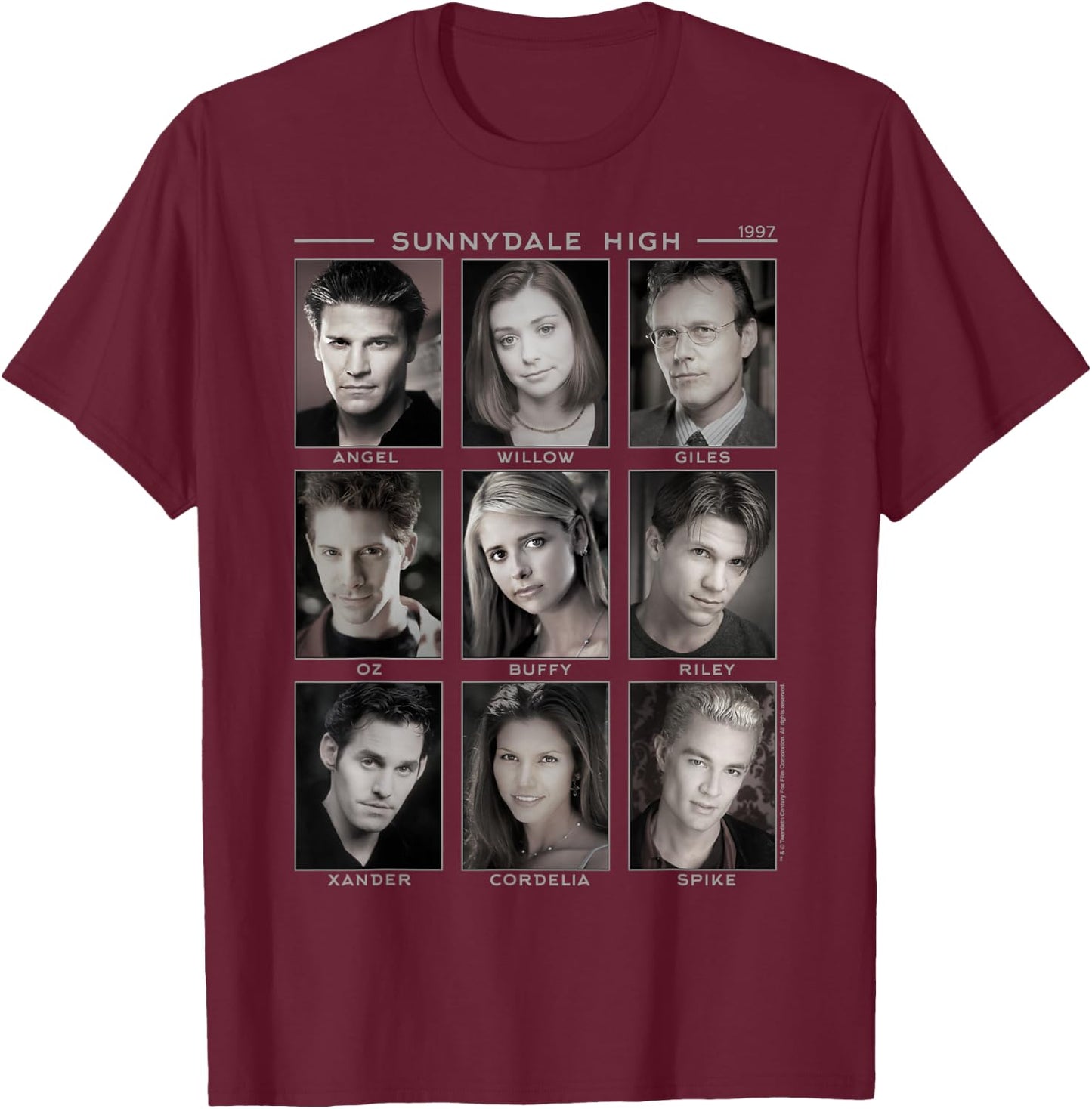 Buffy The Vampire Slayer Retro Characters Big Chest Panels T-Shirt - T-Shirt | Maroon