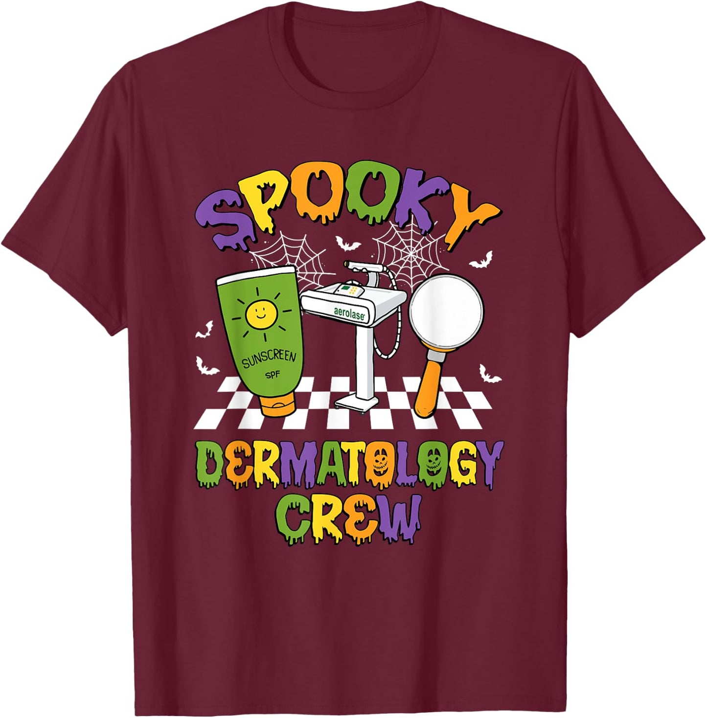Retro Groovy Spooky Dermatology Crew Dermatologist Halloween T-Shirt - T-Shirt | Maroon