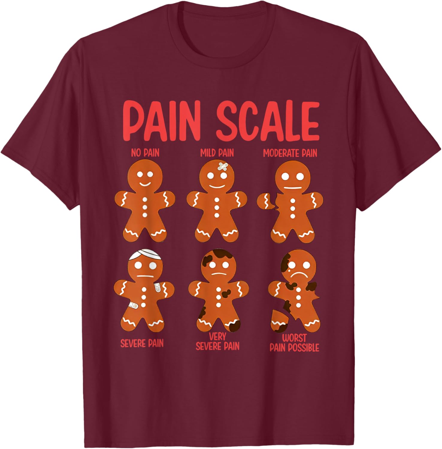 Funny Gingerbread Pain Scale Christmas Nurse T-Shirt - T-Shirt | Maroon