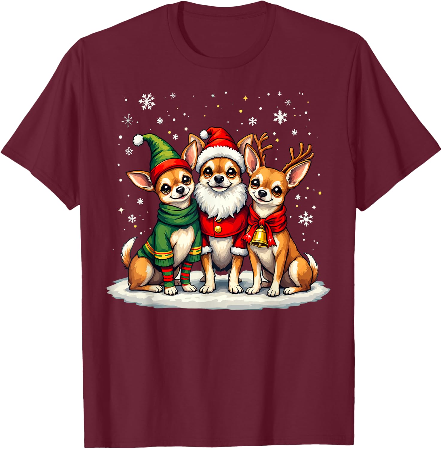 Chihuahua Christmas Dogs Funny Santa Reindeer Elf Holiday T-Shirt - T-Shirt | Maroon