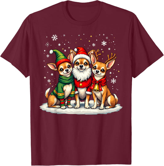 Chihuahua Christmas Dogs Funny Santa Reindeer Elf Holiday T-Shirt - T-Shirt | Maroon