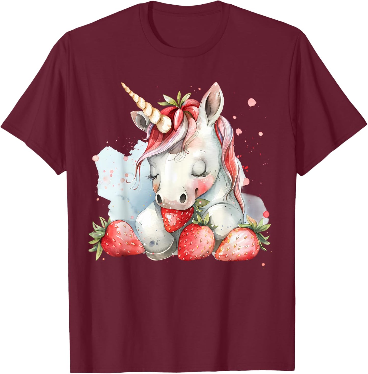 Strawberry Unicorn Cute Strawberries Drawing Watercolor T-Shirt - T-Shirt | Maroon