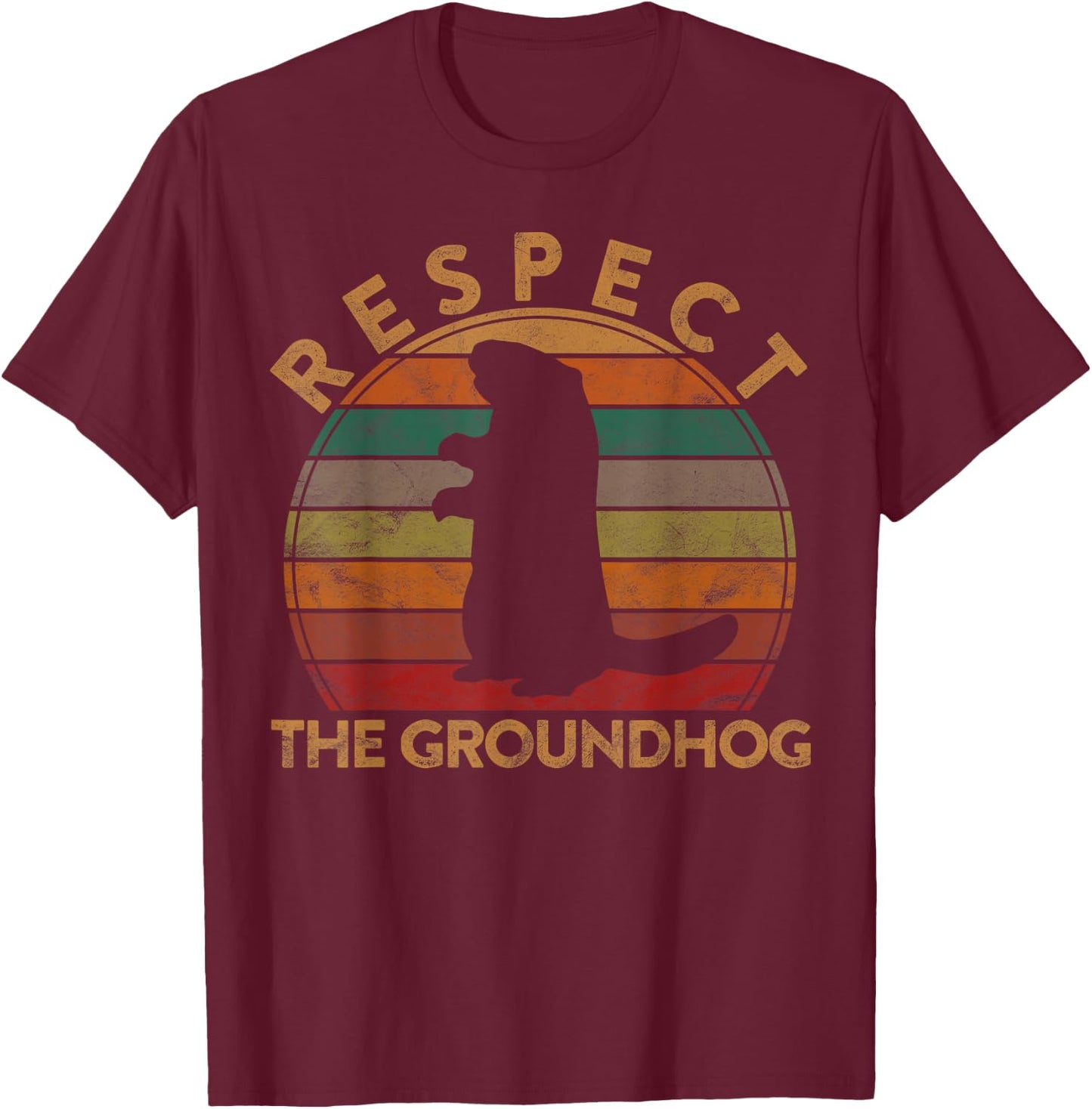 Respect The Ground Hog Sunset Gift Silhouette Groundhog Day T-Shirt - T-Shirt | Maroon