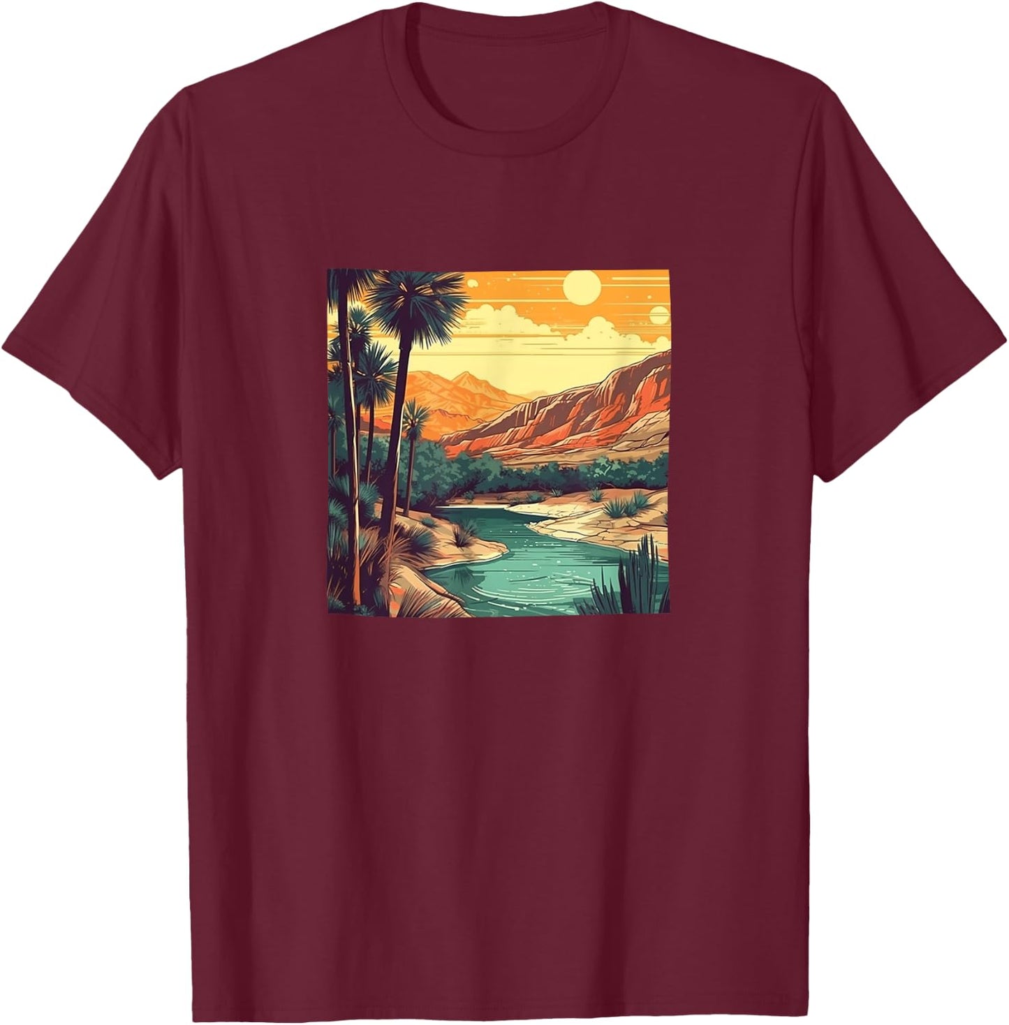 Desert Oasis Vintage Landscape Graphic T-Shirt - T-Shirt | Maroon