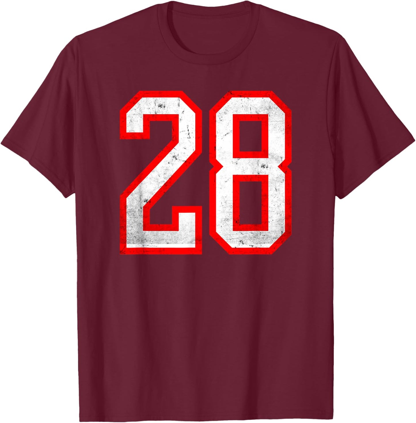 Distressed Number #28 White Red Varsity Number 28 T-Shirt - T-Shirt | Maroon
