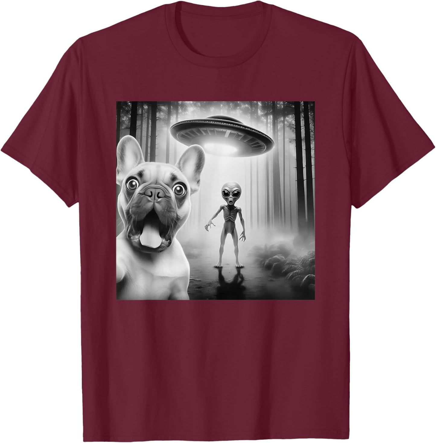 Funny French Bulldog Surprised Selfie with Alien UFO T-Shirt - T-Shirt | Maroon