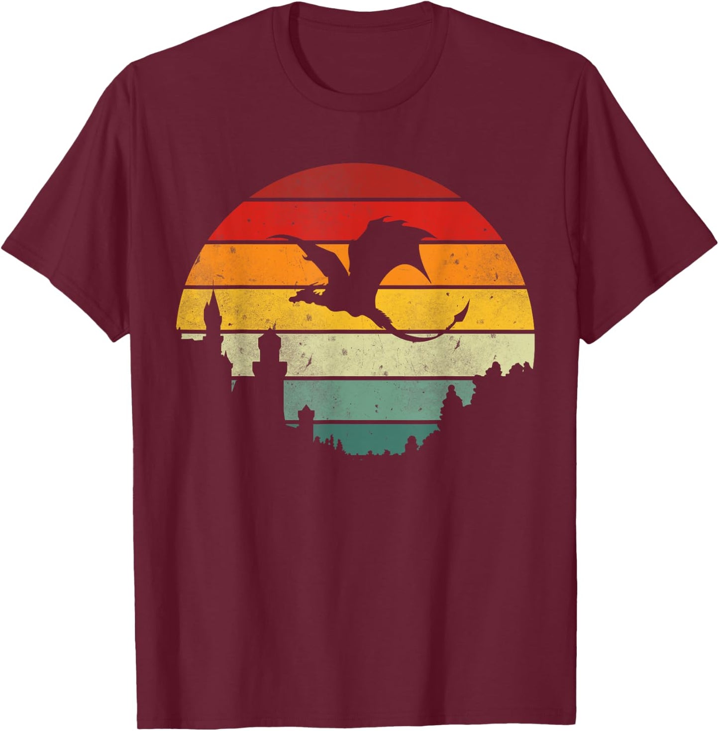 Retro Flying Dragon Sunset Vintage Dragon Fantasy Sci-Fi Fun T-Shirt - T-Shirt | Maroon