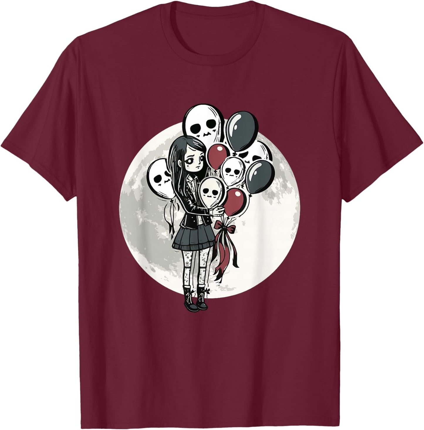 Goth Girl Holding Skull-Balloons - Goth Gothic T-Shirt - T-Shirt | Maroon