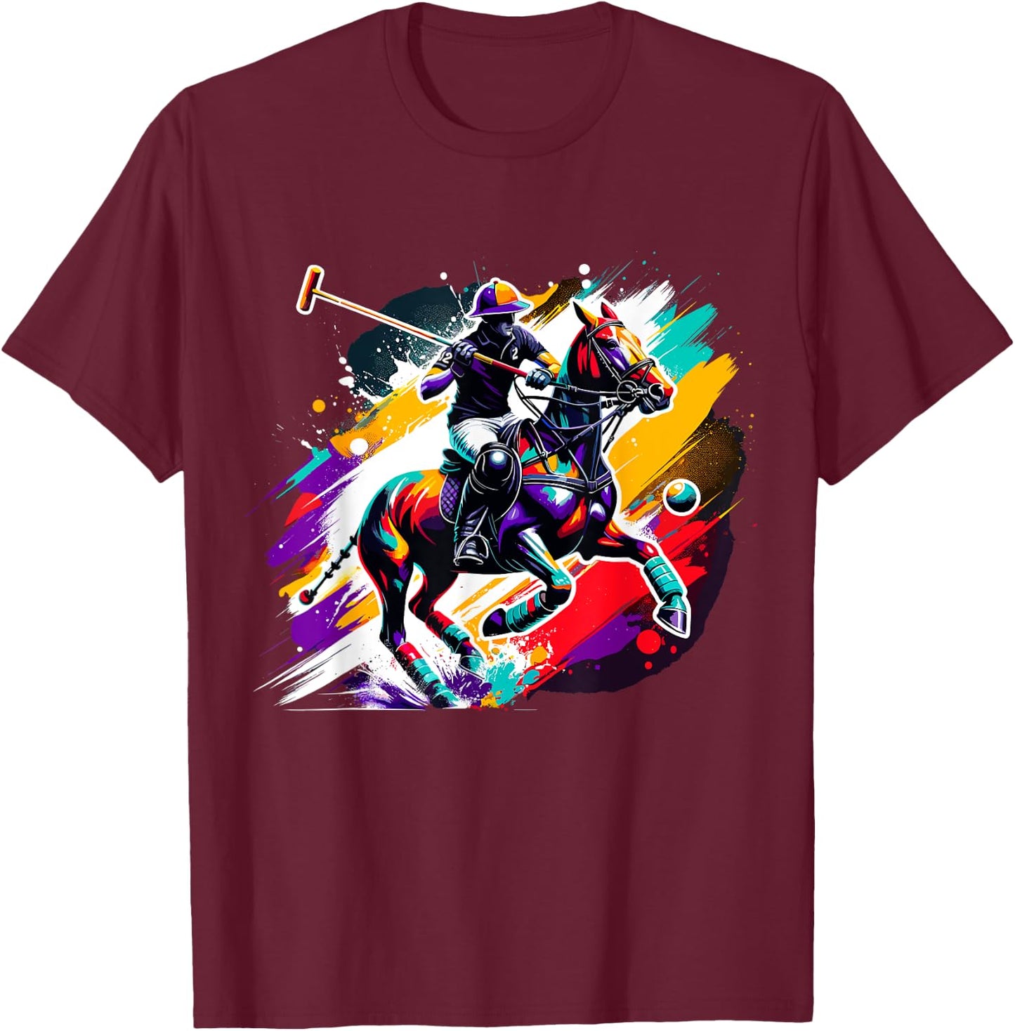 Colorful Polo Player on Horse Equestrian T-Shirt - T-Shirt | Maroon