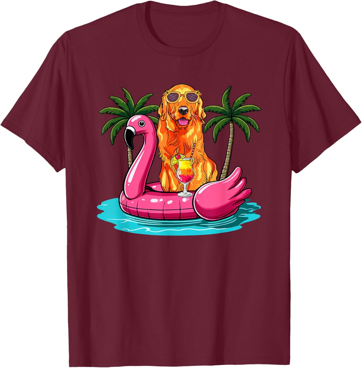 Golden Retriever Sunglasses On Flamingo Cute Float Lover T-Shirt - T-Shirt | Maroon
