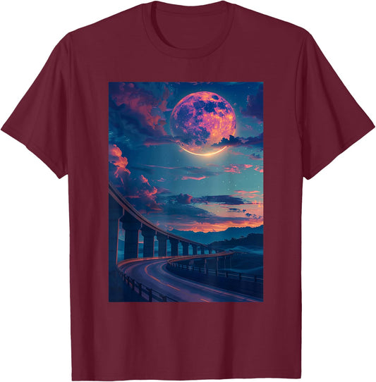Liminal Space: Curved Bridge in Moonlight Night T-Shirt - T-Shirt | Maroon