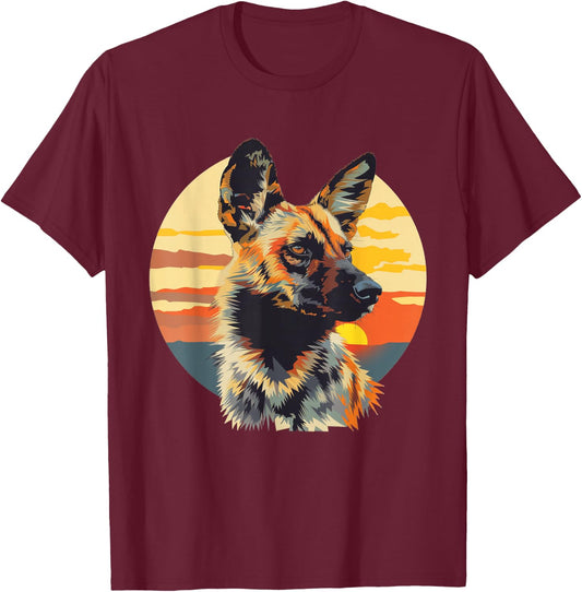 African Wild Dog With A Sunset T-Shirt - T-Shirt | Maroon